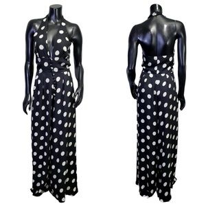 VINTAGE 90’S BEBE BLACK WHITE POLKA DOT HALTER NECK WIDE LEG JUMPSUIT, SZ 4